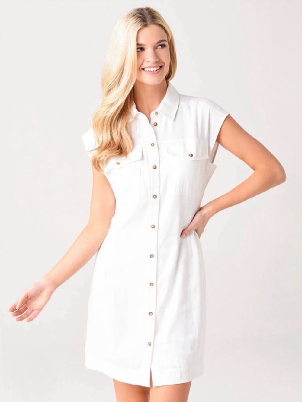 Frame Denim White Button-Front Cap Sleeve Mini Dress